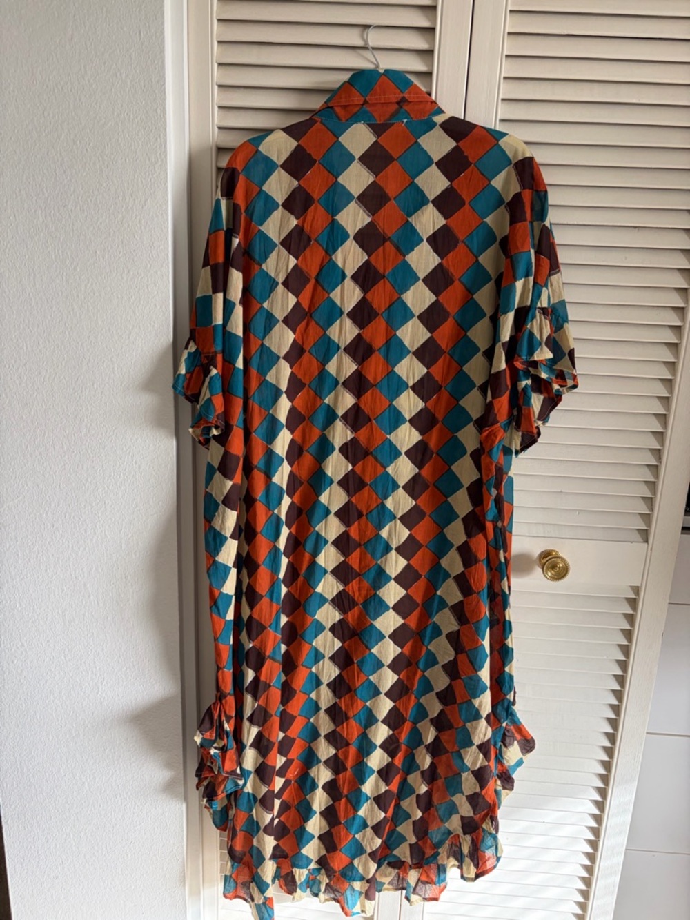 Geometric Diamond-Print Midi Dress in Teal, Rust & Cream